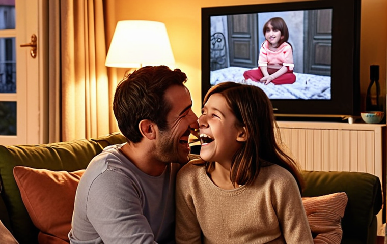 **
A heartwarming scene depicting Titippo and his family sharing a moment of laughter and connection while watching an episode of their favorite show together in their cozy Parisian apartment. The warm glow of the television illuminates their faces as they bond over the shared experience, emphasizing the importance of family time and shared emotions. The scene should capture the charm of a typical French family setting.
**
