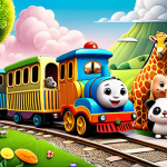 ** A colorful illustration of Titi-popo, a friendly train character, surrounded by other cute and fun animal characters in a whimsical, imaginary landscape. The scene should evoke a sense of adventure and learning.

**