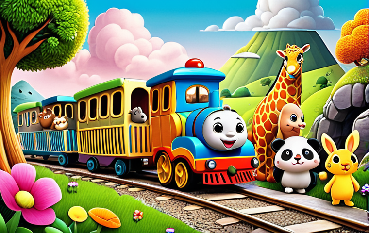 ** A colorful illustration of Titi-popo, a friendly train character, surrounded by other cute and fun animal characters in a whimsical, imaginary landscape. The scene should evoke a sense of adventure and learning.
**