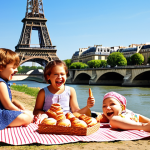 **

*   **Prompt:** Titi Pipo and friends having a picnic lunch on the banks of the Seine River, Paris. Eiffel Tower in the background. Sunny day.  French pastries and baguettes are visible.  Children laughing and playing. Cartoon style, bright colors.

**
