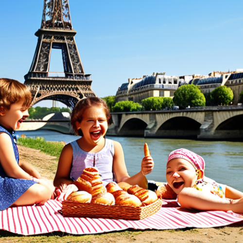 Home 25 **
* **Prompt:** Titi Pipo and friends having a picnic lunch on the banks of the Seine River, Paris. Eiffel Tower in the background. Sunny day. French pastries and baguettes are visible. Children laughing and playing. Cartoon style, bright colors.
**