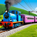 A professional-grade illustration featuring Titipo, the enthusiastic small blue train, alongside his friends Geny, the gentle pink locomotive, and Diesel, the sturdy cargo train. All trains are anthropomorphic with well-formed, natural body proportions, and subtly convey appropriate train uniforms or features as if fully clothed. They are actively collaborating to solve a minor railway issue on a vibrant, scenic train track surrounded by lush green hills under a clear blue sky, displaying expressions of teamwork and determination. This is a high-quality illustration, safe for work, appropriate content, fully clothed, family-friendly.