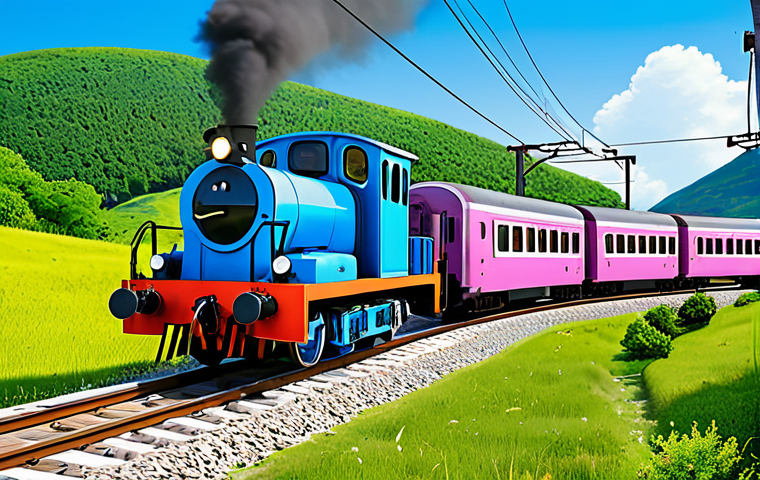 A professional-grade illustration featuring Titipo, the enthusiastic small blue train, alongside his friends Geny, the gentle pink locomotive, and Diesel, the sturdy cargo train. All trains are anthropomorphic with well-formed, natural body proportions, and subtly convey appropriate train uniforms or features as if fully clothed. They are actively collaborating to solve a minor railway issue on a vibrant, scenic train track surrounded by lush green hills under a clear blue sky, displaying expressions of teamwork and determination. This is a high-quality illustration, safe for work, appropriate content, fully clothed, family-friendly.