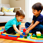 A bright and cheerful scene featuring two young children, a boy and a girl, fully clothed in modest, comfortable attire. They are sitting on a soft, colorful rug in a well-lit, family-friendly living room. The children are deeply immersed in imaginative play, creating an elaborate train track system on the floor using colorful building blocks and cushions, reminiscent of a miniature "Choo-Choo City." One child is holding a toy train, while the other is arranging blocks, both displaying joyful and focused expressions. Sunlight streams gently through a nearby window, illuminating the inviting and tidy play area. Professional photography, high quality, perfect anatomy, correct proportions, natural pose, well-formed hands, proper finger count, natural body proportions. Safe for work, appropriate content, fully clothed, family-friendly.