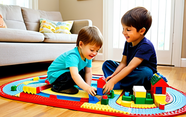 A bright and cheerful scene featuring two young children, a boy and a girl, fully clothed in modest, comfortable attire. They are sitting on a soft, colorful rug in a well-lit, family-friendly living room. The children are deeply immersed in imaginative play, creating an elaborate train track system on the floor using colorful building blocks and cushions, reminiscent of a miniature "Choo-Choo City." One child is holding a toy train, while the other is arranging blocks, both displaying joyful and focused expressions. Sunlight streams gently through a nearby window, illuminating the inviting and tidy play area. Professional photography, high quality, perfect anatomy, correct proportions, natural pose, well-formed hands, proper finger count, natural body proportions. Safe for work, appropriate content, fully clothed, family-friendly.