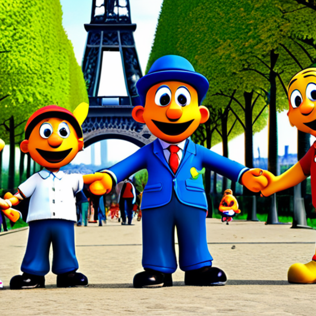 Titi Pipo Friends**

"A group of friendly cartoon characters, reminiscent of Titi Pipo and his friends, playing together in a colorful park in Paris, with the Eiffel Tower visible in the background, fully clothed, appropriate attire, safe for work, perfect anatomy, natural proportions, digital art, vibrant colors, family-friendly"

**