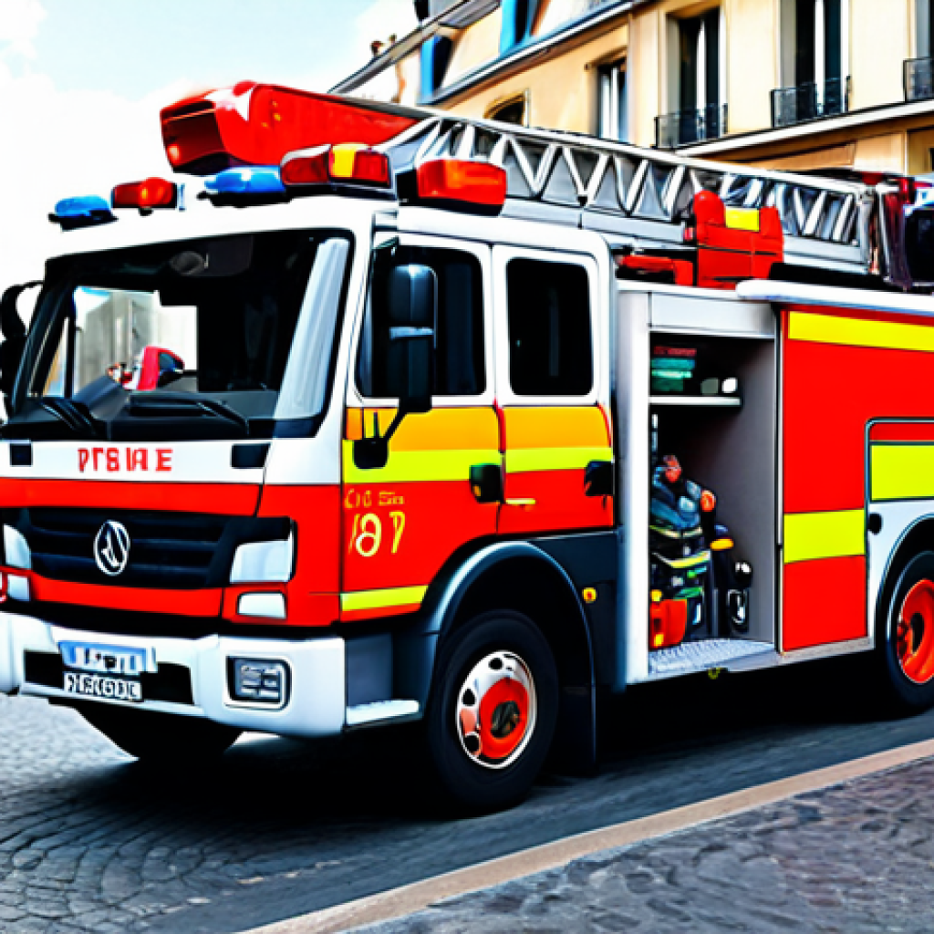 **

"A brightly colored, friendly-looking fire engine named 'Fifi' helping people in a bustling, cartoon-style French city, fully clothed firefighters, appropriate attire, safe for work, perfect anatomy, natural proportions, family-friendly, professional illustration, high quality."

**