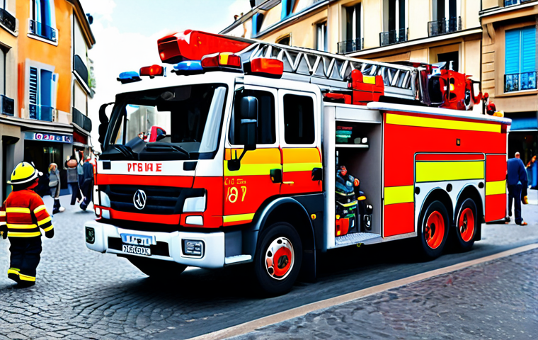 **

"A brightly colored, friendly-looking fire engine named 'Fifi' helping people in a bustling, cartoon-style French city, fully clothed firefighters, appropriate attire, safe for work, perfect anatomy, natural proportions, family-friendly, professional illustration, high quality."

**