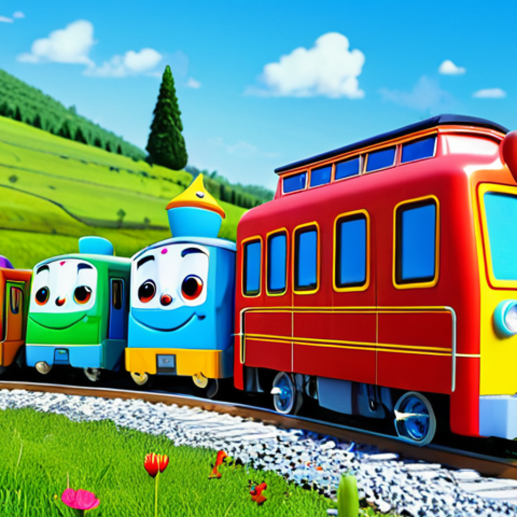 Titi Pipo Friends**

"A group of friendly, colorful train characters (Titi Pipo, Diesel, Genie) are playing together in a vibrant, animated countryside scene with rolling hills and a bright blue sky. The trains are fully clothed in appropriate attire with friendly, smiling faces. Safe for work, appropriate content, family-friendly, perfect anatomy, natural proportions, professional, high-quality animation style."

**