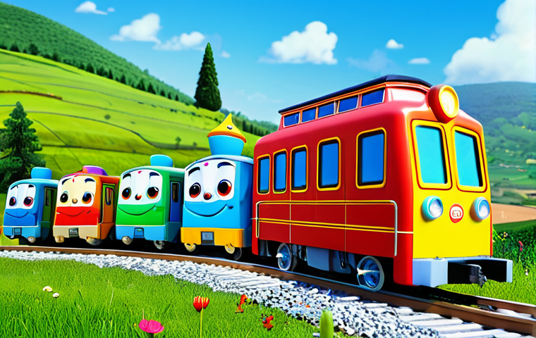 Titi Pipo Friends**

"A group of friendly, colorful train characters (Titi Pipo, Diesel, Genie) are playing together in a vibrant, animated countryside scene with rolling hills and a bright blue sky. The trains are fully clothed in appropriate attire with friendly, smiling faces. Safe for work, appropriate content, family-friendly, perfect anatomy, natural proportions, professional, high-quality animation style."

**