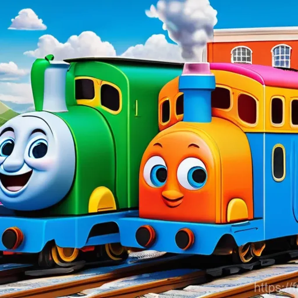 띠띠뽀의 글로벌 인지도 - **Prompt:** A vibrant, cheerful scene depicting Titipo, the friendly blue train, working alongside h...