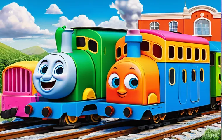 띠띠뽀의 글로벌 인지도 - **Prompt:** A vibrant, cheerful scene depicting Titipo, the friendly blue train, working alongside h...