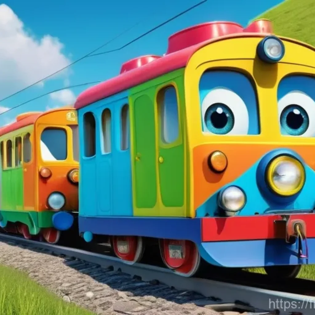 띠띠뽀와 세계 애니메이션 시장 - **Prompt:** A cheerful, anthropomorphic train with big, expressive eyes and a wide, friendly smile, ...