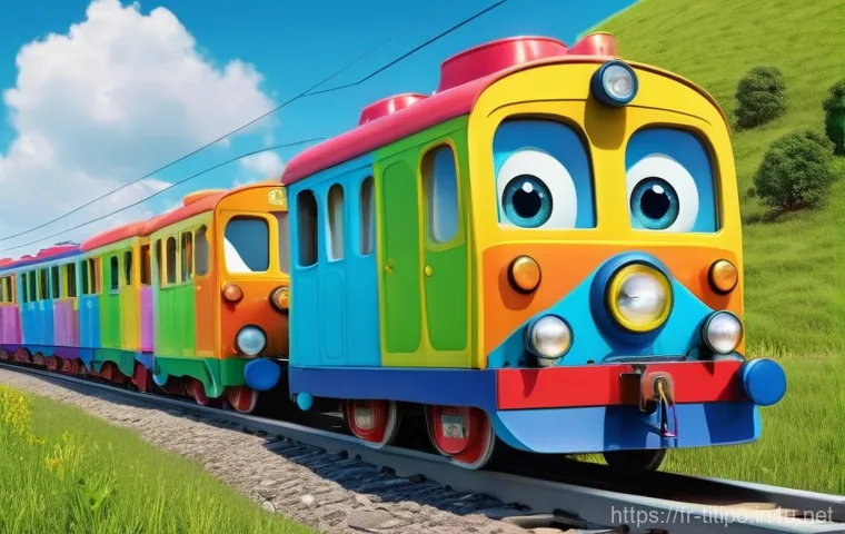 띠띠뽀와 세계 애니메이션 시장 - **Prompt:** A cheerful, anthropomorphic train with big, expressive eyes and a wide, friendly smile, ...