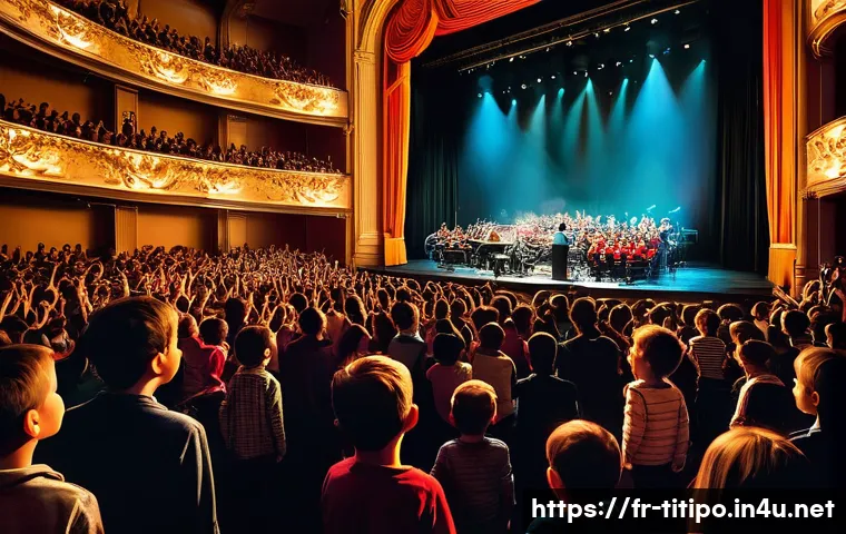띠띠뽀 OST 콘서트 리뷰 - A vibrant and heartwarming scene inside a bustling Parisian concert hall, packed with diverse famili...