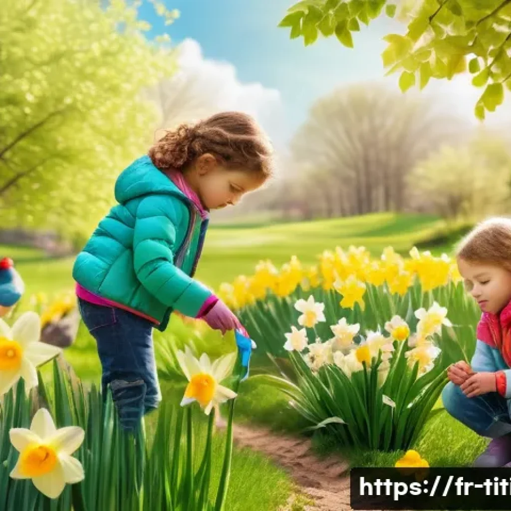 띠띠뽀 시즌별 에피소드 - A peaceful spring garden scene featuring young children in colorful casual clothing and light jacket...