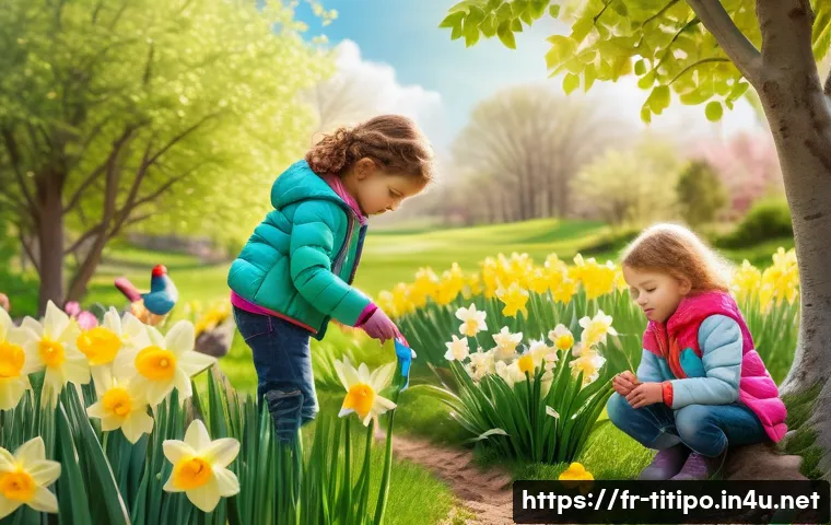 띠띠뽀 시즌별 에피소드 - A peaceful spring garden scene featuring young children in colorful casual clothing and light jacket...