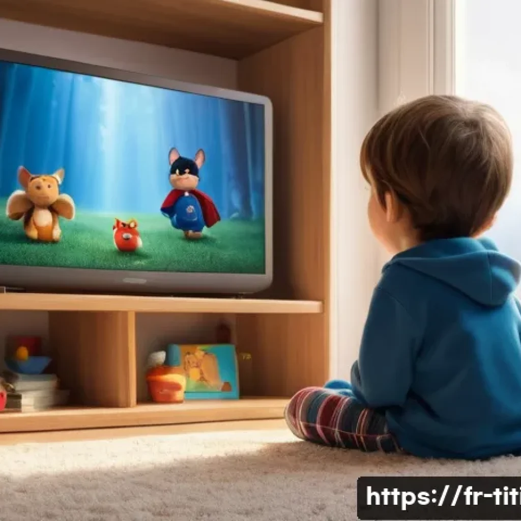 띠띠뽀와 어린이들의 공감대 - A warm, cozy living room scene featuring a young French child wearing colorful pajamas, sitting on a...