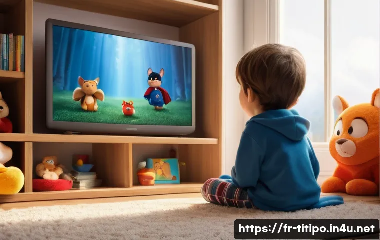 띠띠뽀와 어린이들의 공감대 - A warm, cozy living room scene featuring a young French child wearing colorful pajamas, sitting on a...