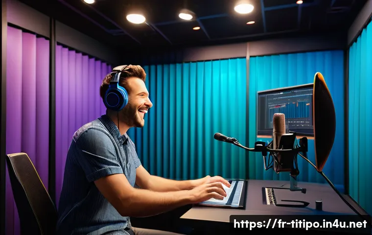 띠띠뽀 캐릭터 성우 대본 - A lively, colorful animated studio scene showing a cheerful young voice actor in a modern recording ...