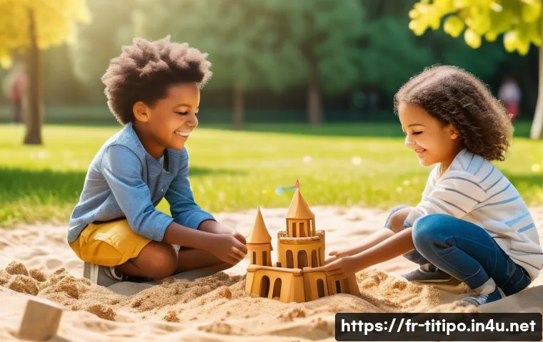 띠띠뽀 에피소드별 주제 - A warm and colorful illustration of diverse young children playing together in a sunny urban park in...