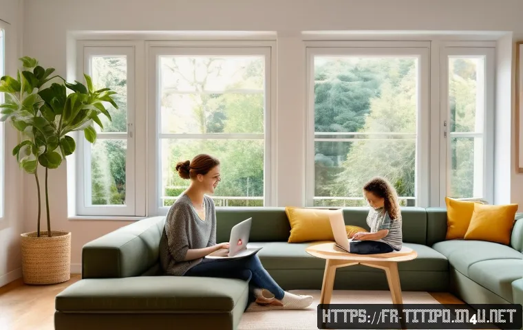 띠띠뽀 부모 가이드 - A warm and inviting family learning environment in a modern French living room, showing a parent and...