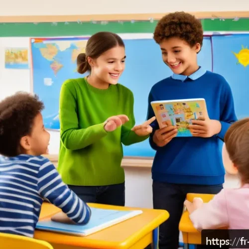 Home 30 띠띠뽀 콘텐츠의 글로벌 협력 가능성 - A vibrant classroom scene in France showing young children aged around 7-9, wearing colorful casual ...