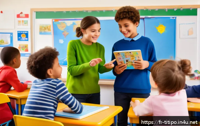 띠띠뽀 콘텐츠의 글로벌 협력 가능성 - A vibrant classroom scene in France showing young children aged around 7-9, wearing colorful casual ...