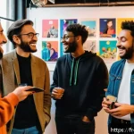 Home 23 띠띠뽀 팬덤과의 오프라인 만남 - A lively community gathering in a cozy, modern event space in Paris, filled with diverse fans of all...