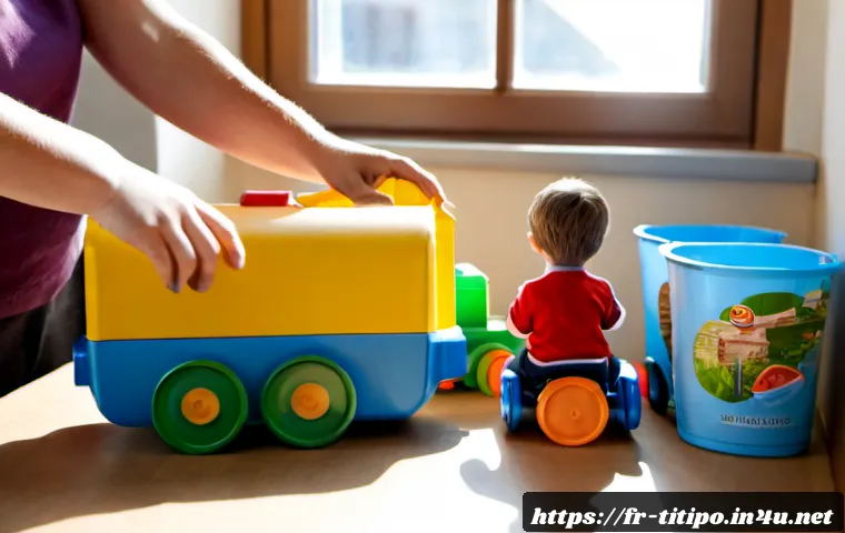 Home 17 띠띠뽀 캐릭터 상품의 환경적 영향 - Photorealistic French family apartment scene, a colorful toy train character plush and small plastic...