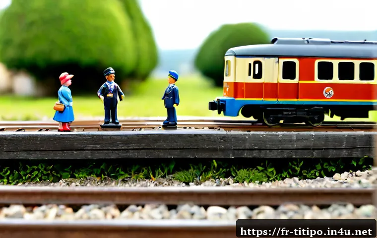 띠띠뽀 캐릭터별 관계 구도 - Photorealistic miniature train character diorama, four cheerful colorful toy trains arranged in a cl...