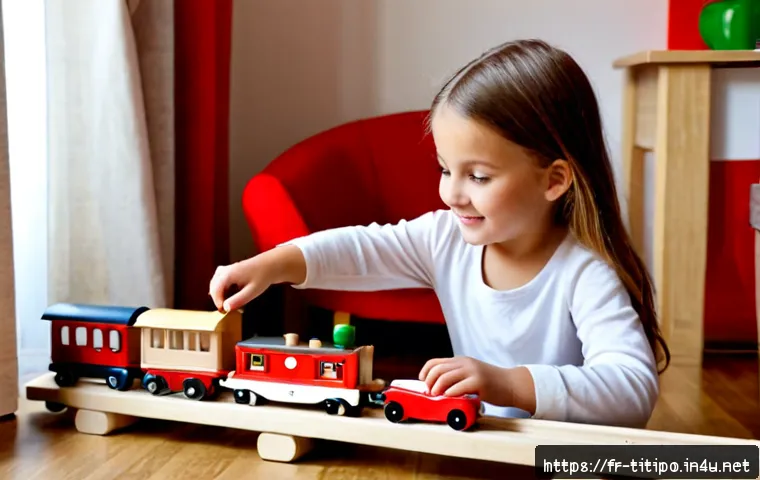 Home 30 띠띠뽀와 함께 성장하는 어린이들 - Photorealistic warm family playroom in France, a cheerful young child carefully building a wooden ra...